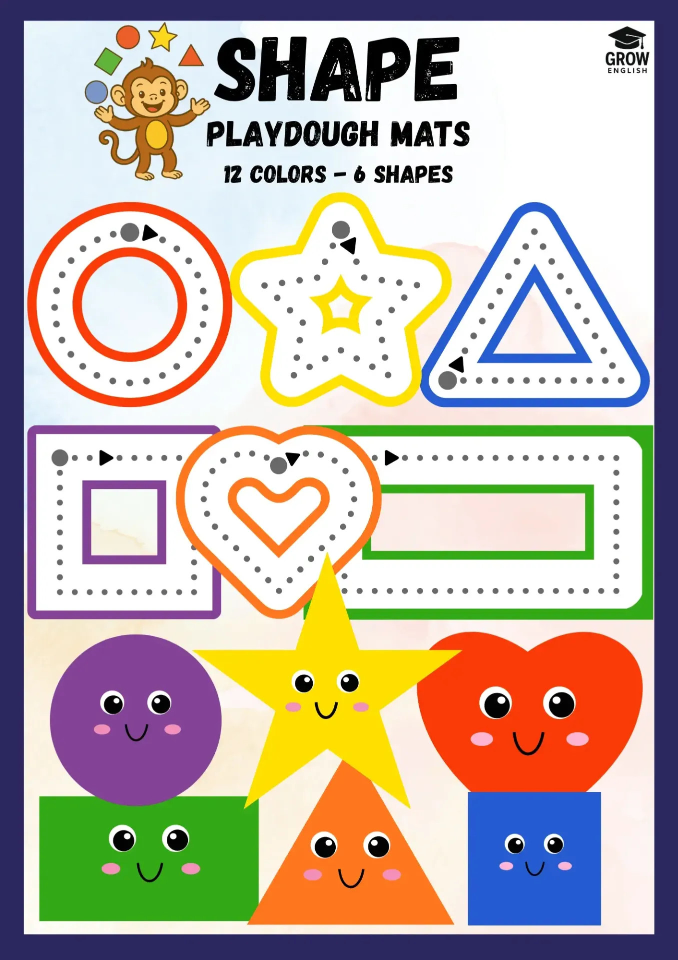 Play-Doh podložky s barevnými tvary pro děti, které při angličtině procvičují shapes, colours, jemnou motoriku a jednoduché věty.