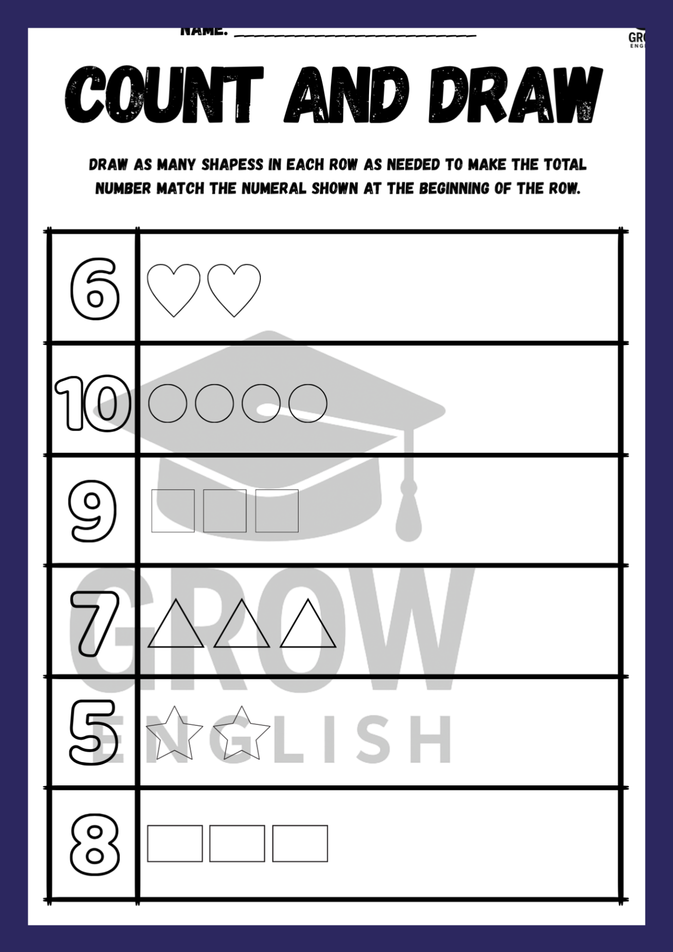 Počítej a nakresli - pracovní list do angličtiny pro děti - Grow English