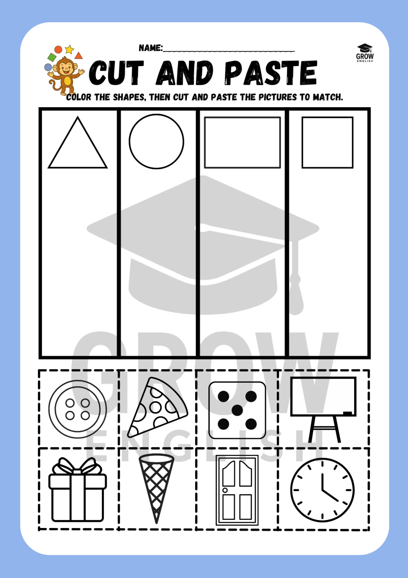 Vymaluj, vystřihni a nalep. Pracovní list do angličtiny pro děti