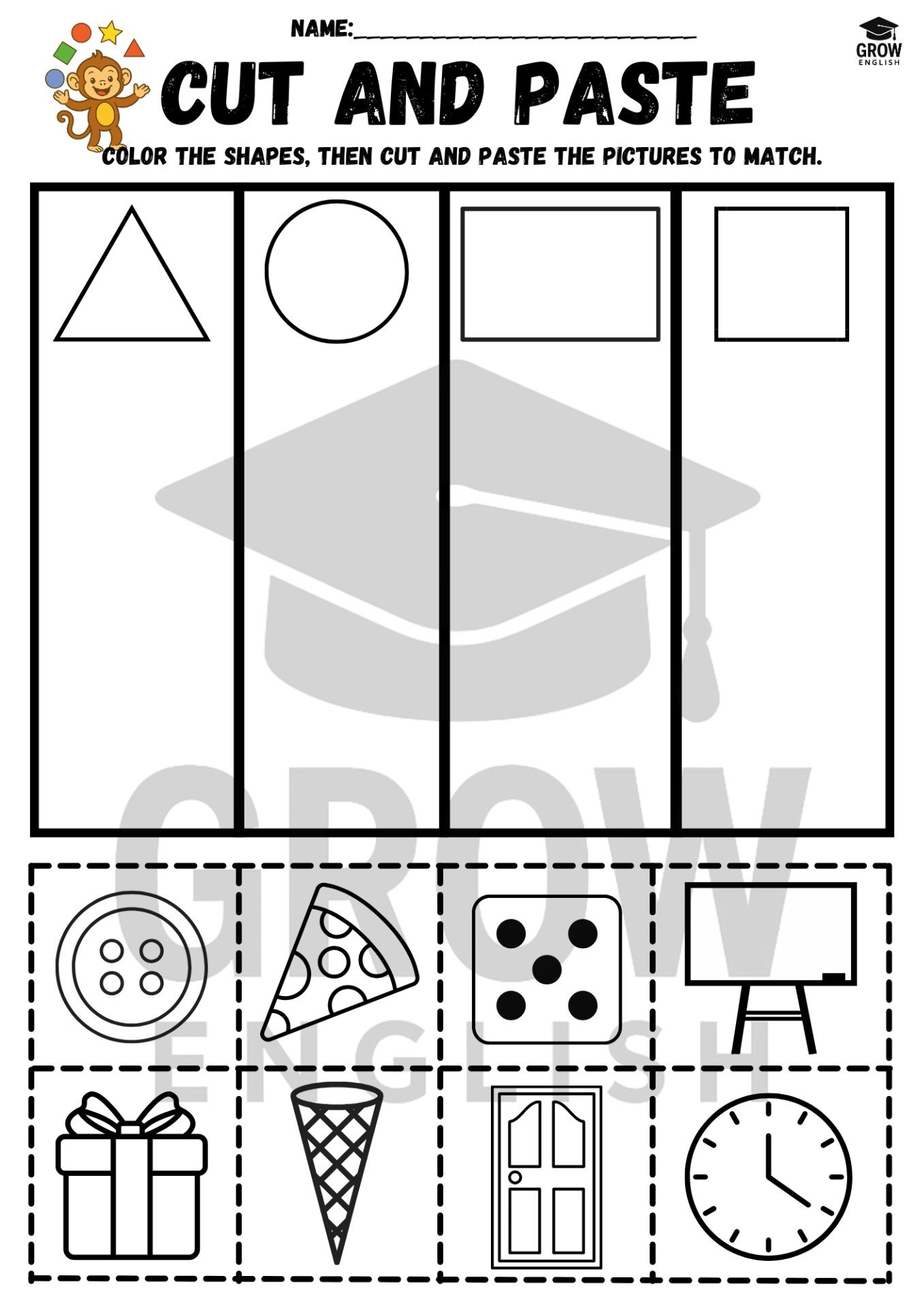 Pracovní list poznej tvar, vystřihni a nalep - tvary v angličtině