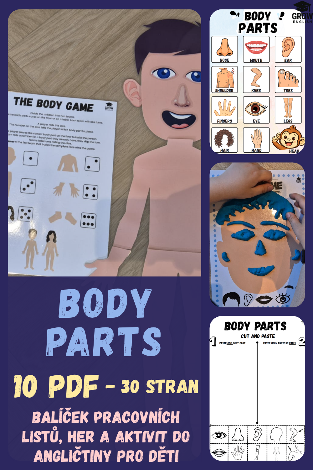 Angličtina pro děti – části těla | BODY PARTS pracovní listy, hry a aktivity v PDF pro MŠ a 1. stupeň ZŠ. Hravá výuka angličtiny pro děti pomocí pracovních listů, pexesa, playdough aktivit, třídění, skládání lidského těla a výukových her. PDF materiály zaměřené na body parts vocabulary, jemnou motoriku, mluvení, poslech a učení hrou. Vhodné pro školky, domácí vzdělávání i lektory angličtiny pro děti.