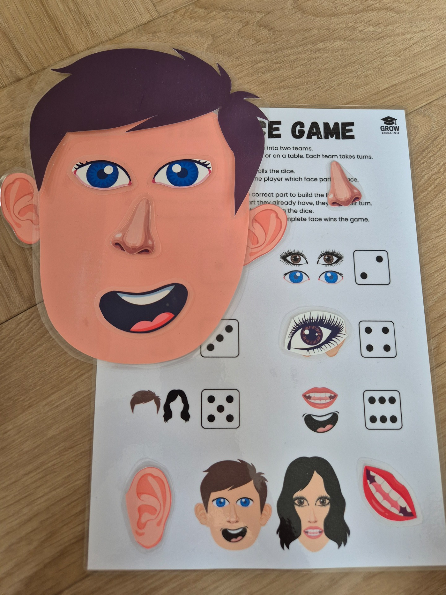 The Body Game pro děti – výuková hra na téma Body Parts v angličtině. Děti skládají obličej podle hodu kostkou a procvičují anglickou slovní zásobu částí těla. Aktivita vhodná pro mateřské školy, 1. stupeň ZŠ, lektory angličtiny i domácí vzdělávání.