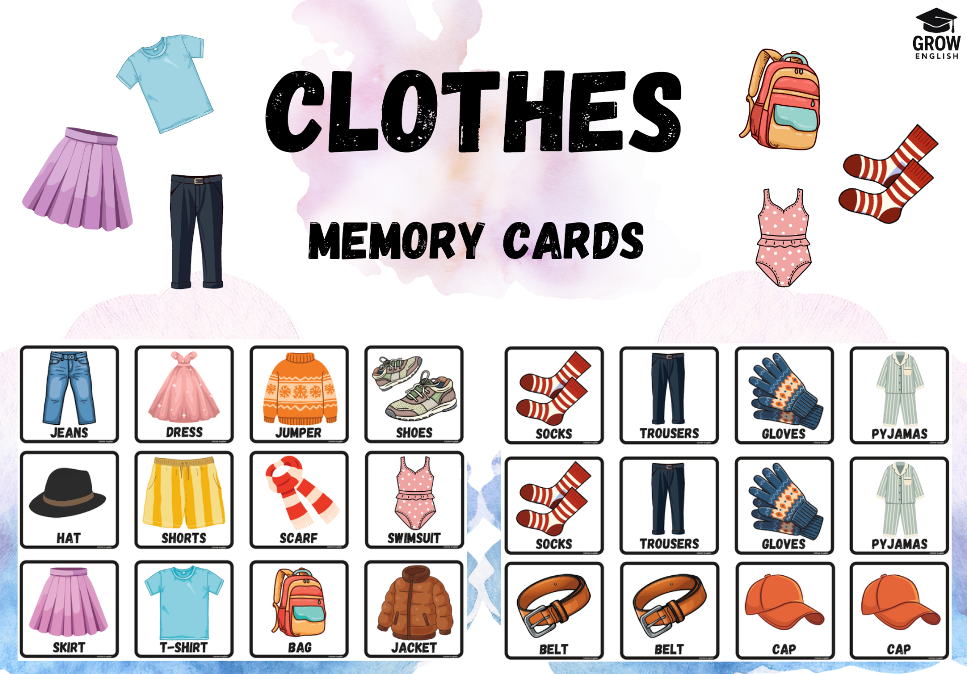 Clothes Memory Cards – pexeso s oblečením v angličtině pro děti zaměřené na procvičování slovní zásoby clothes