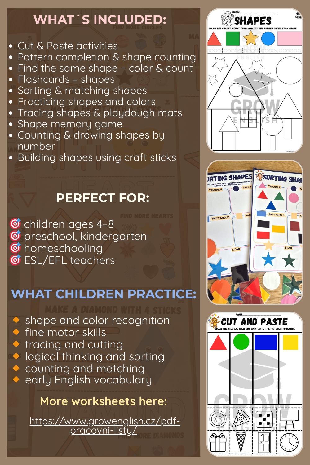 Printable shapes worksheets and flashcards for kids, preschool ESL activities and shape recognition games