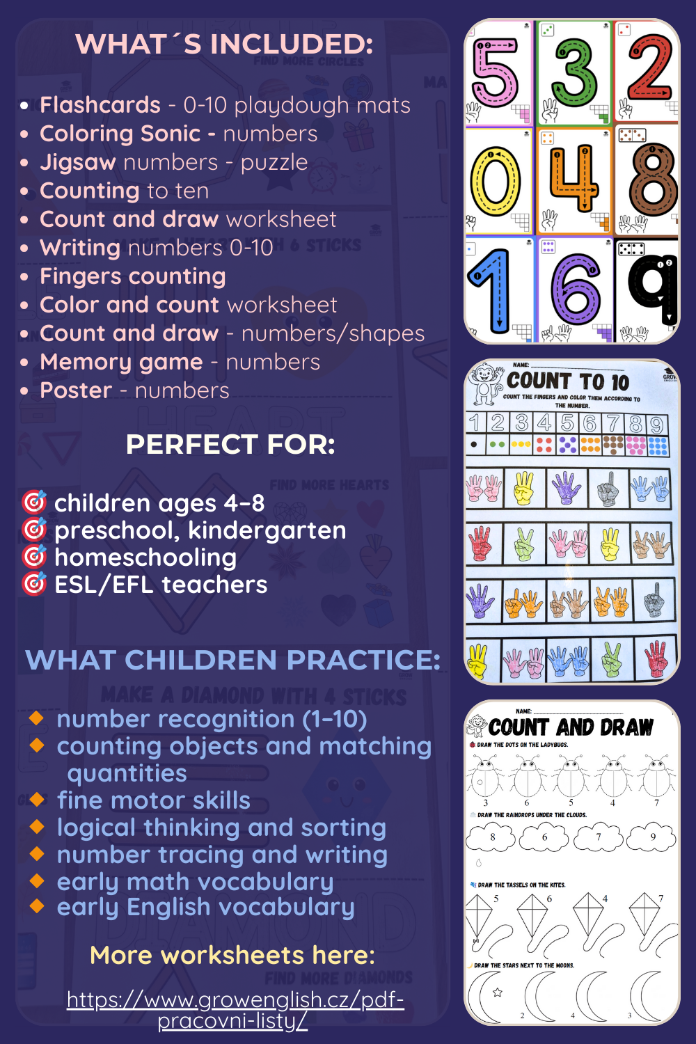 Numbers 0–10 printable activities including counting worksheets, number puzzles, finger counting, memory games and educational flashcards for children ages 4–8.