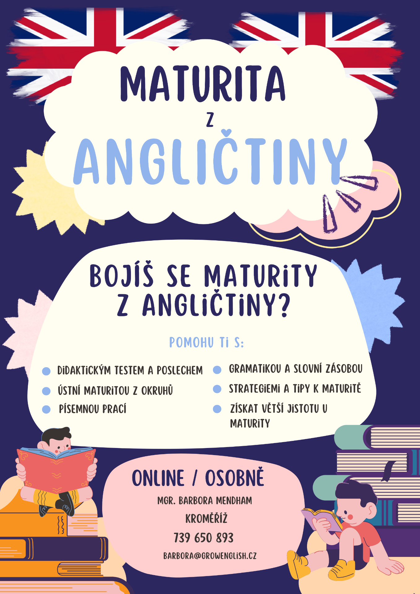 Doučování angličtiny a příprava k maturitě z angličtiny v Kroměříži – leták služby Grow English pro maturanty, osobně i online.