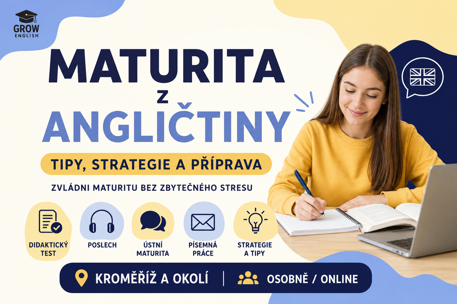 Doučování angličtiny a příprava k maturitě z angličtiny v Kroměříži. Praktické tipy k didaktickému testu, poslechu, písemné práci a ústní maturitě.