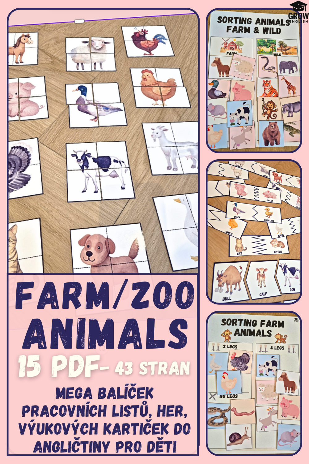 FARM / ZOO ANIMALS – angličtina pro děti | pracovní listy a hry se zvířaty v PDF pro MŠ a 1. stupeň ZŠ. Hravá výuka angličtiny pomocí pracovních listů, pexesa, puzzle, třídění zvířat, výukových kartiček a aktivit farm animals & zoo animals. PDF materiály zaměřené na anglickou slovní zásobu zvířat, třídění, logické myšlení, počítání, jemnou motoriku a učení hrou. Vhodné pro školky, domácí vzdělávání i lektory angličtiny pro děti.