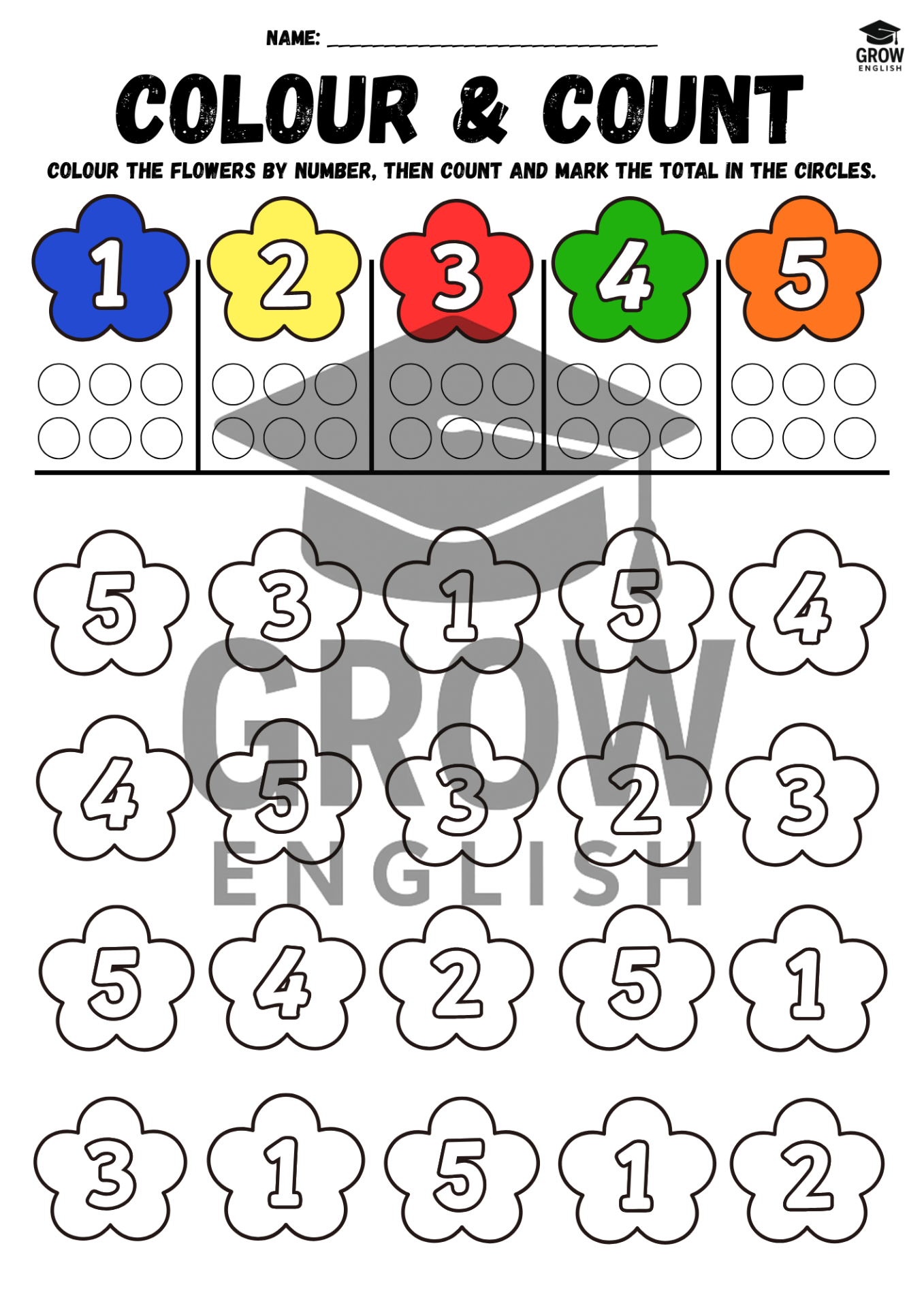 Barvy v angličtině pro děti – pracovní list Colour & Count PDF, angličtina pro předškoláky, počítání v angličtině, pracovní listy pro MŠ, výuka barev hravou formou, anglické barvy pro děti, vzdělávací aktivity pro 1. stupeň ZŠ.