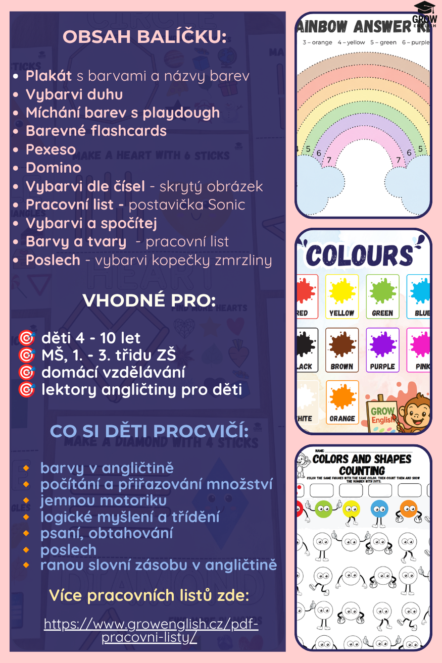 Barvy v angličtině pro děti – pracovní listy PDF, flashcards, pexeso, domino a výukové aktivity pro MŠ a 1. stupeň ZŠ. Angličtina pro předškoláky, výuka barev hravou formou, anglické barvy pro děti, vzdělávací materiály Colours PDF.
