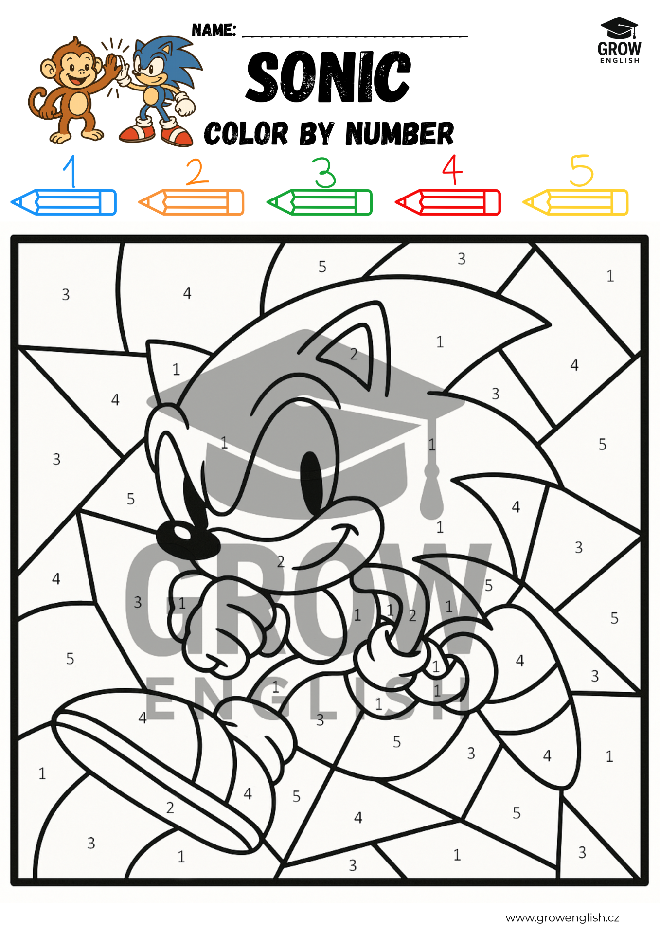Sonic Colour by Number – pracovní list na barvy v angličtině pro děti, vybarvování podle čísel, angličtina pro MŠ, předškoláky a 1. stupeň ZŠ, PDF pracovní list Colours Grow English.