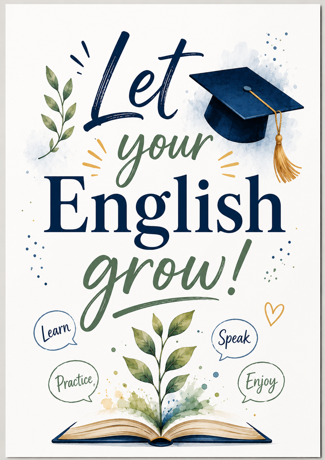 Motivační plakát Let your English grow podporující studenty při výuce a doučování angličtiny v Kroměříži.