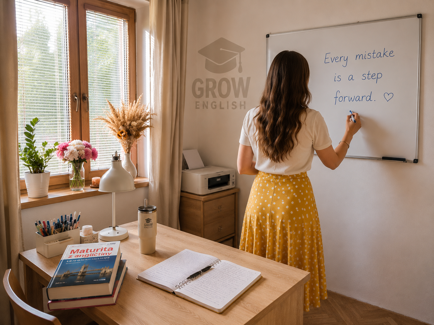 Výuka angličtiny Kroměříž – lektorka během individuální lekce píše na tabuli motivační citát Every mistake is a step forward.