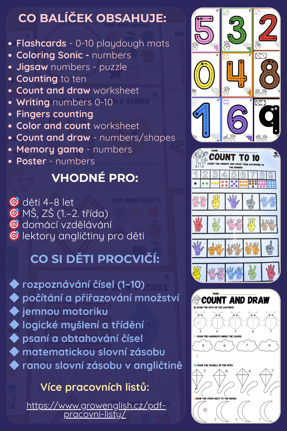 Obsah PDF sady na počítání anglicky pro děti v MŠ a na 1. stupni ZŠ – pracovní listy, hry a kartičky GROW English.