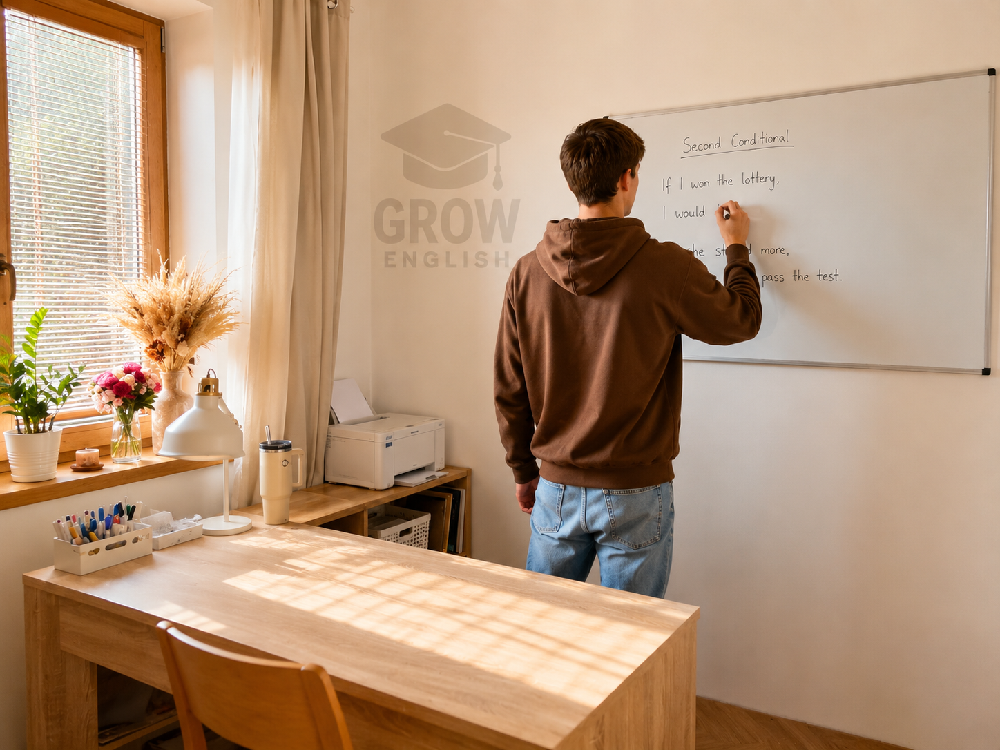 Student při individuální výuce angličtiny v Kroměříži píše na tabuli během lekce gramatiky v pracovně GROW English