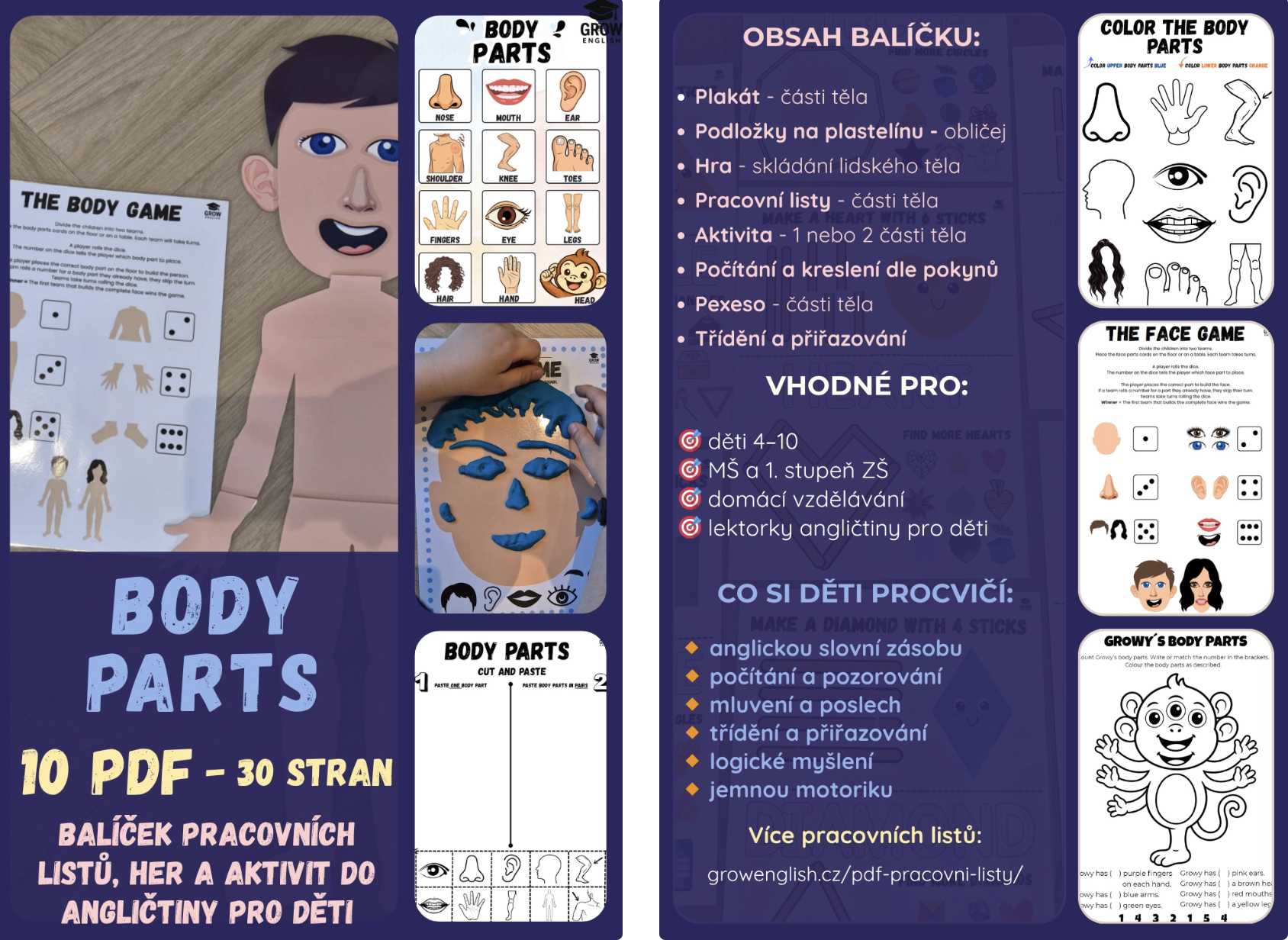 Pracovní listy z angličtiny Body Parts – hry a PDF materiály na anglické části těla pro děti