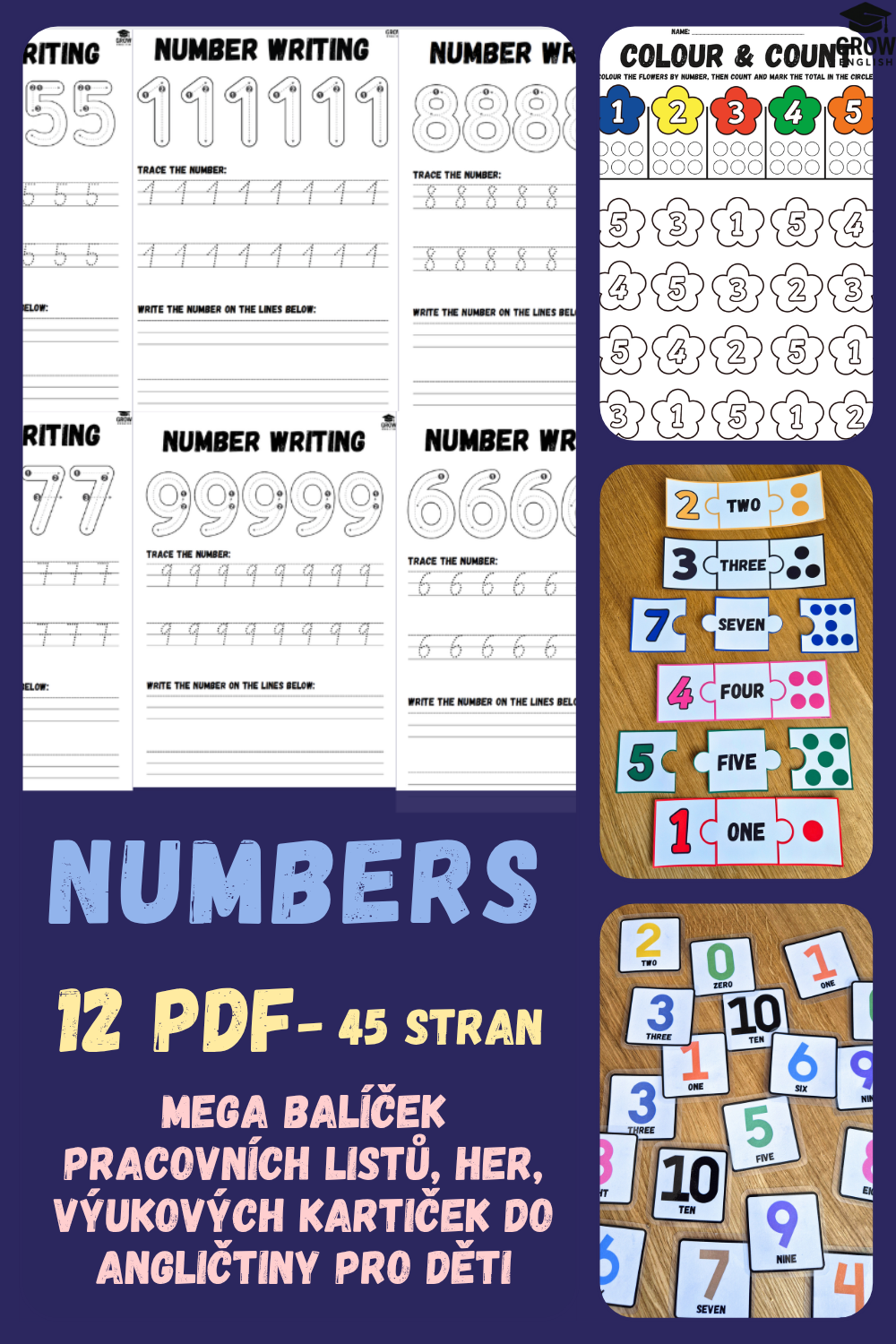 Pracovní listy, číselné puzzle a výukové kartičky na anglická čísla od 0 do 10 – GROW English.