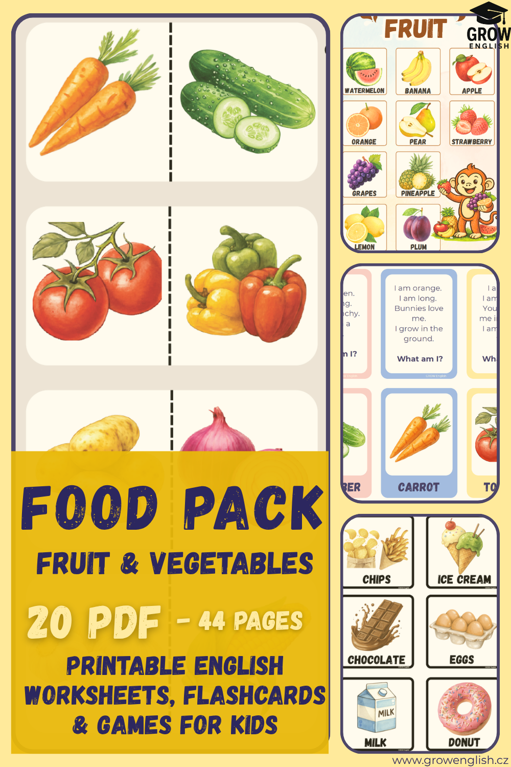 Printable English food, fruit and vegetables worksheets, flashcards and games for children aged 4–10