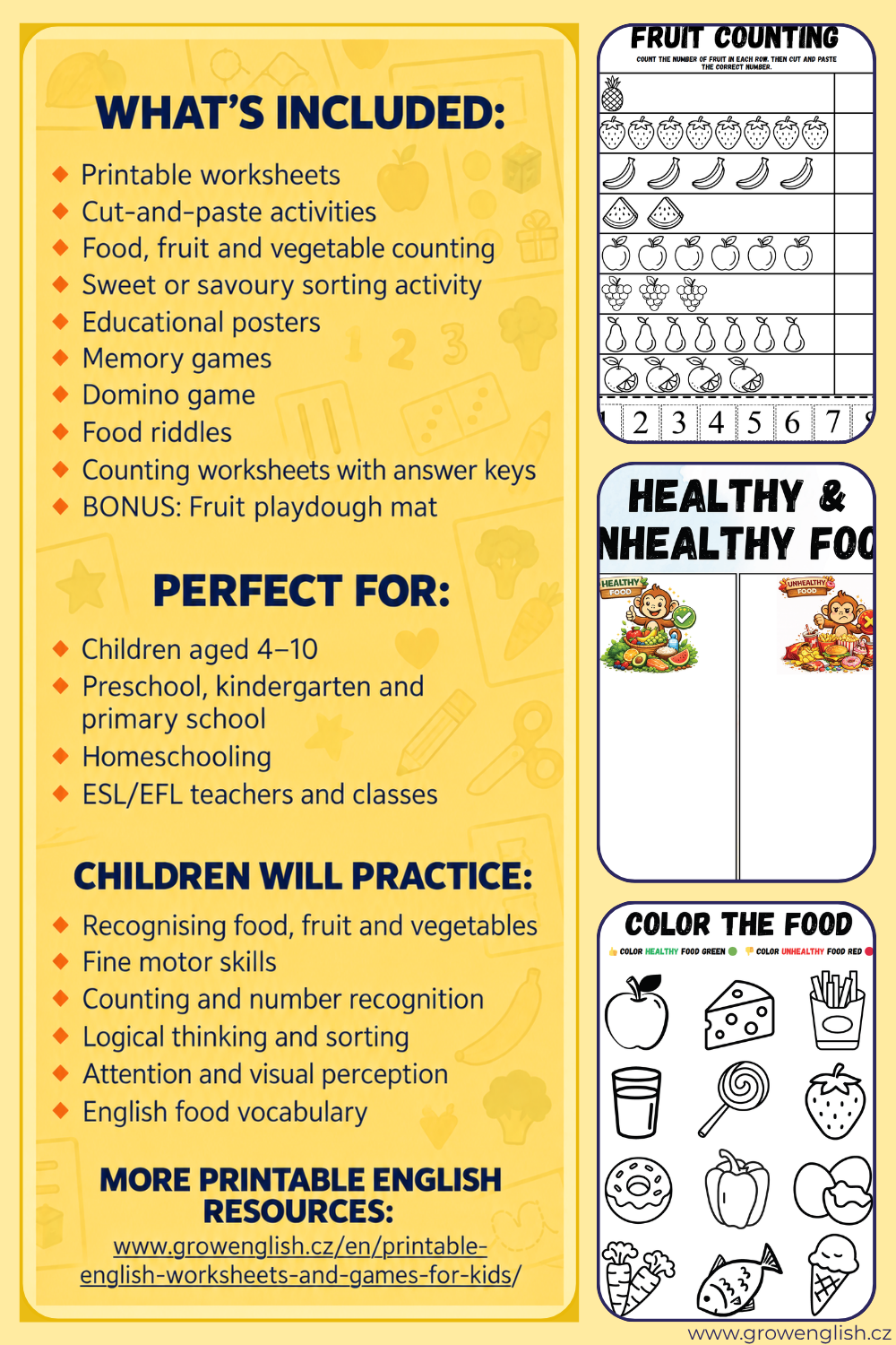 Preview of printable English food, fruit and vegetables worksheets and learning activities for children