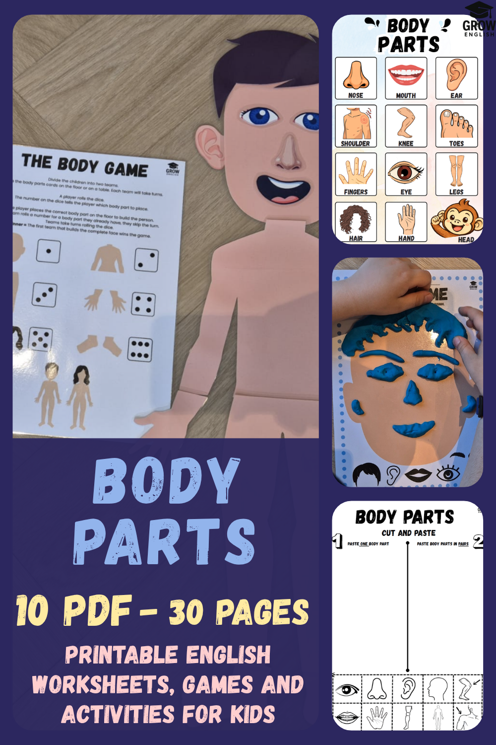 Body parts ESL printable worksheets and games for kids with a human body puzzle, vocabulary poster and Play-Doh face activity.