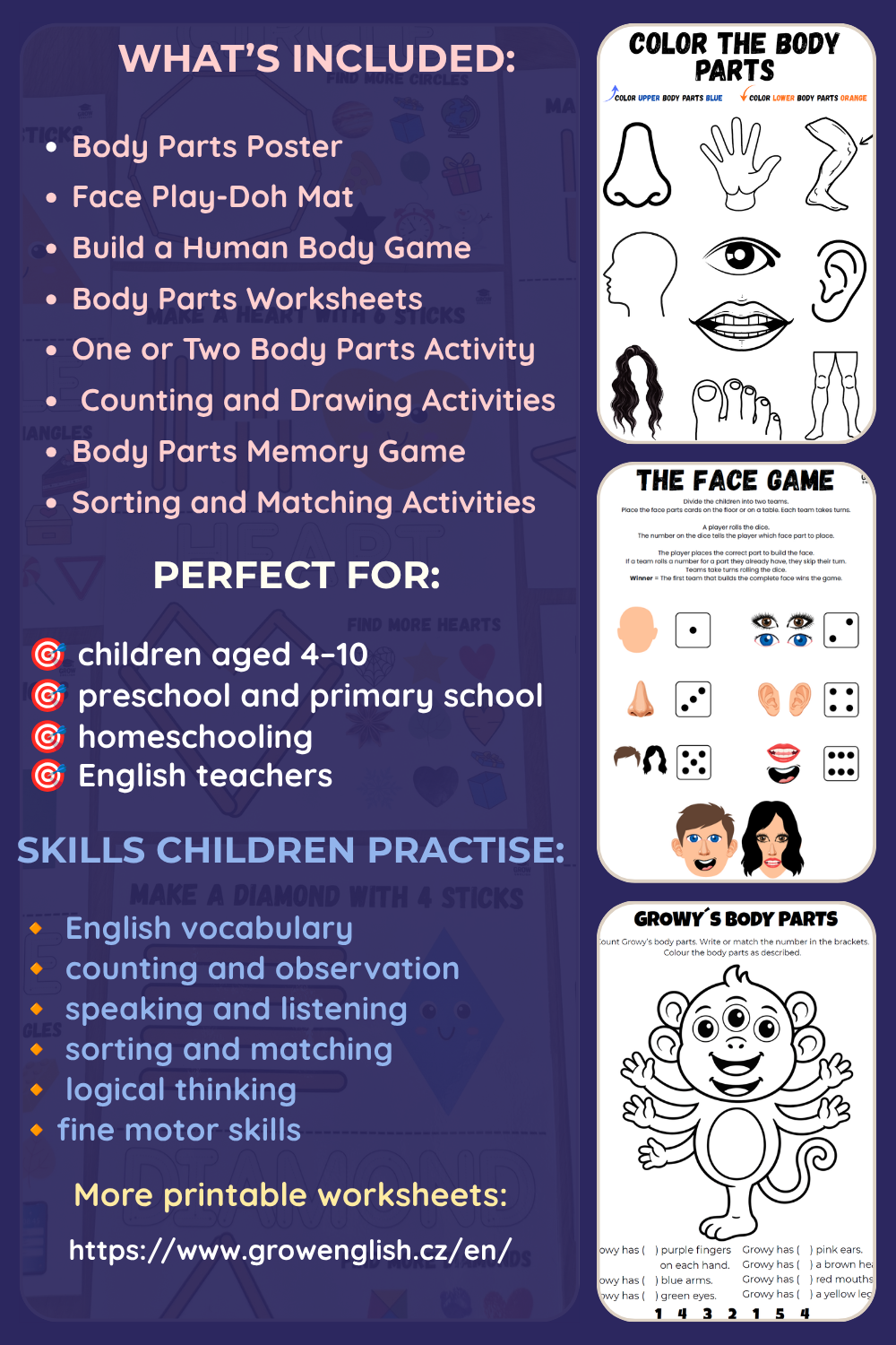 Printable body parts English worksheet bundle for preschool and primary school with matching, counting, colouring and vocabulary activities.