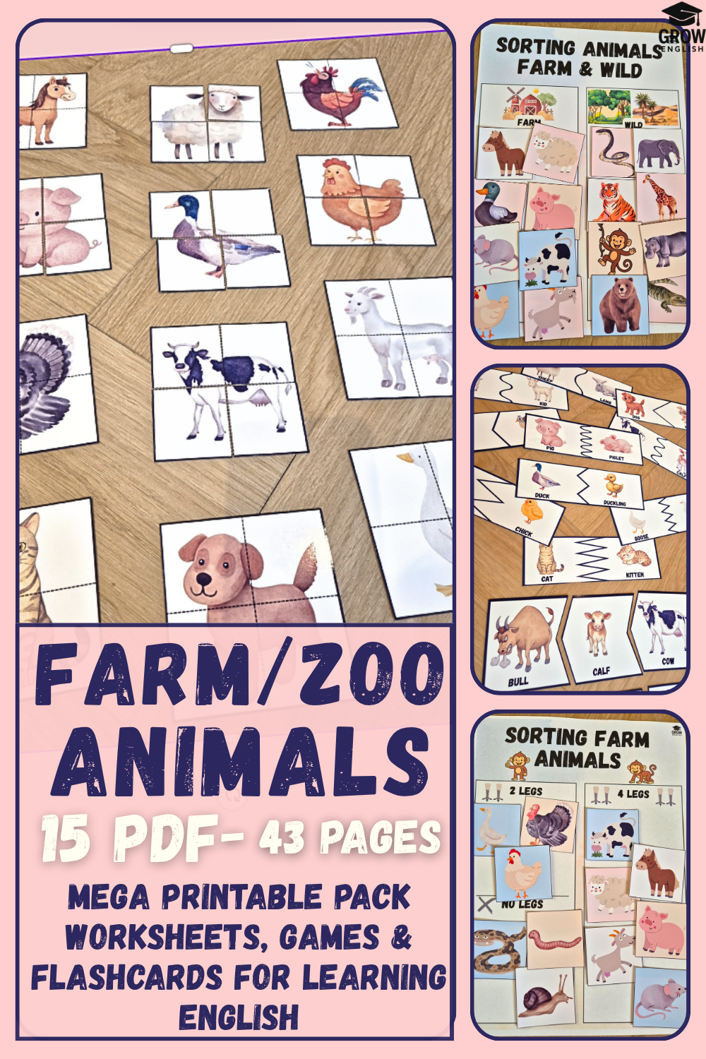 Farm and zoo animals printable English worksheets, puzzles, sorting games and flashcards for preschool and primary school children.