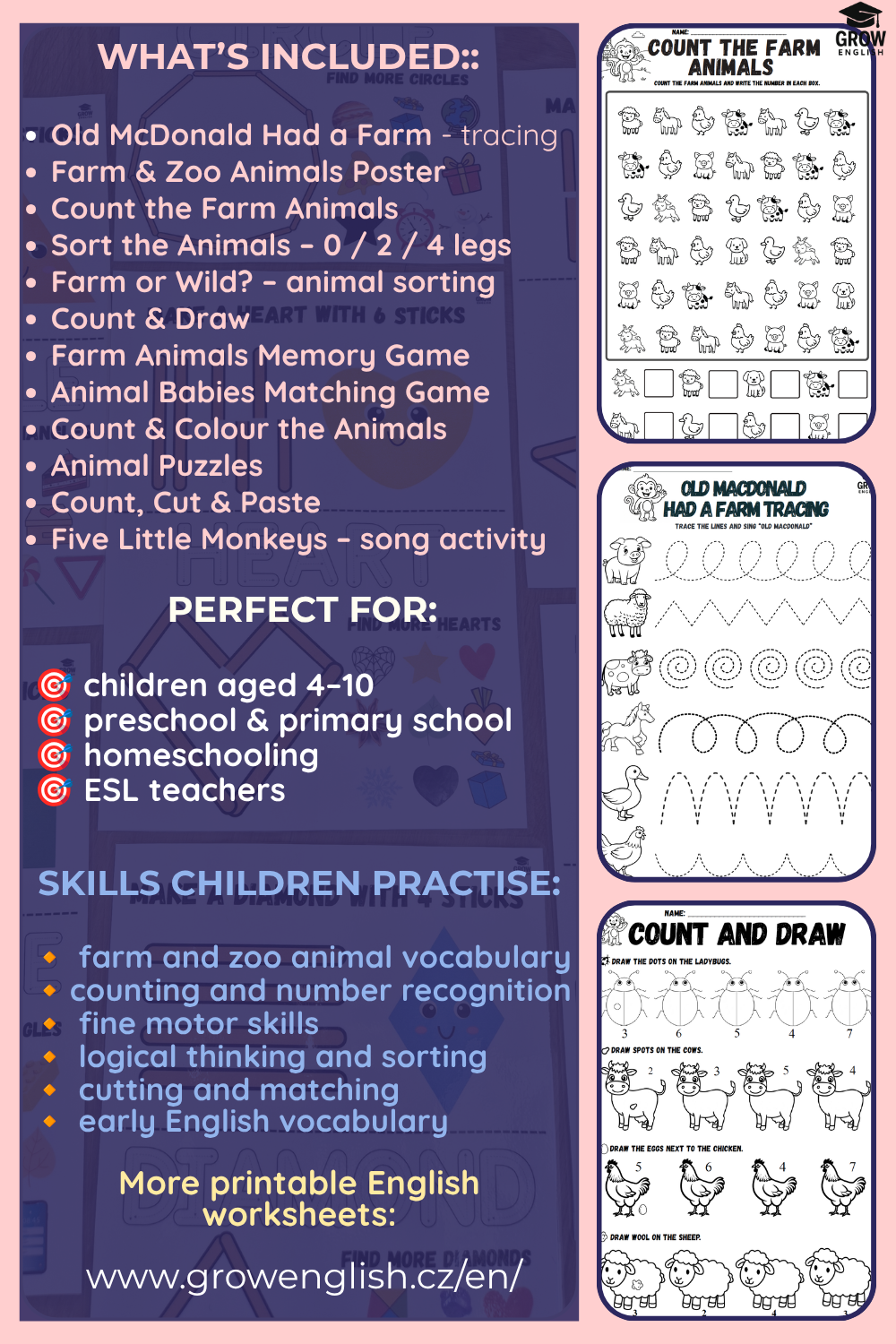 Farm and zoo animals activity pack with counting, tracing, matching, sorting and vocabulary worksheets for kids learning English.