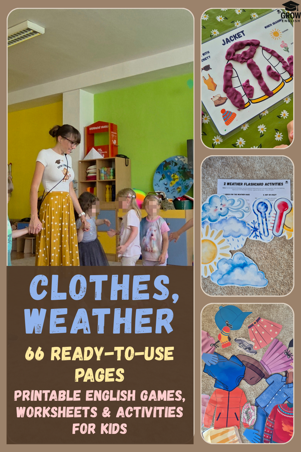 Children learning clothes, weather and seasons in English through hands-on classroom activities with printable worksheets and games.