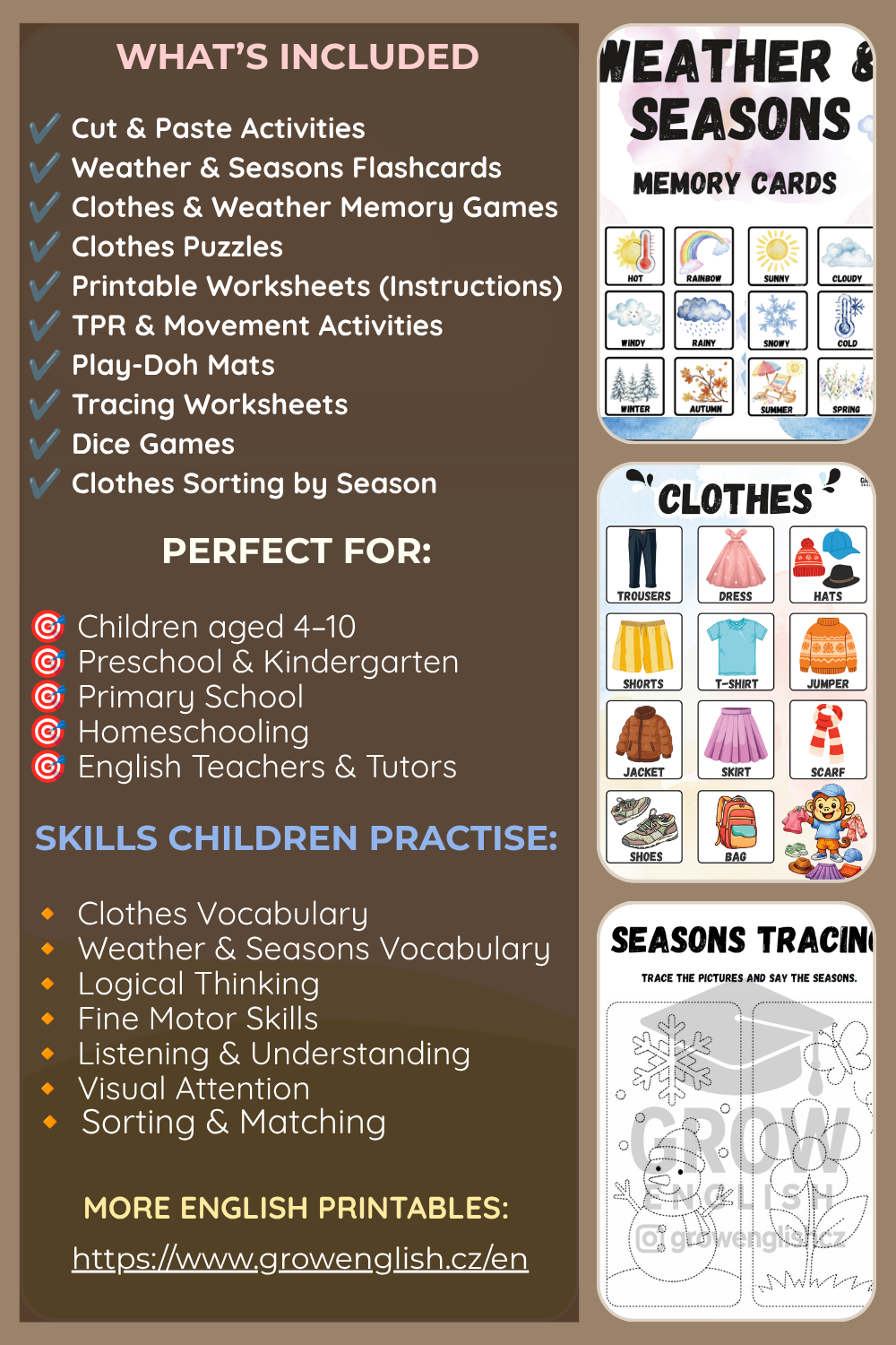 Clothes, Weather and Seasons Printable Pack with flashcards, memory games, worksheets, sorting activities and seasonal ESL resources for kids.
