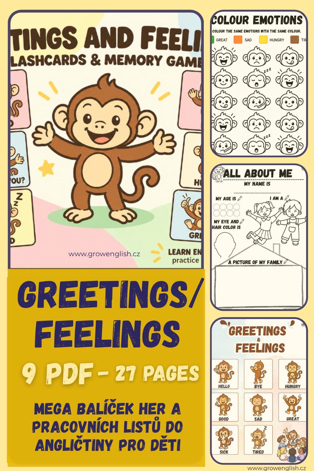Greetings and Feelings English worksheets, games and flashcards for preschool and primary school children.