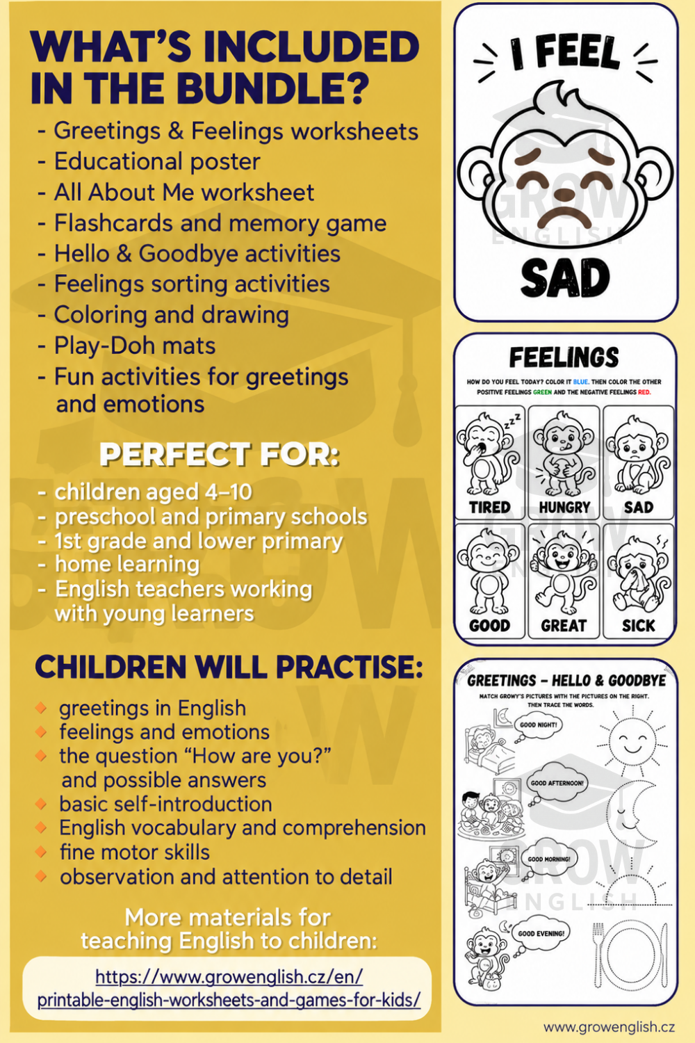 Printable ESL activities for kids to practise greetings, feelings, emotions and basic English vocabulary.