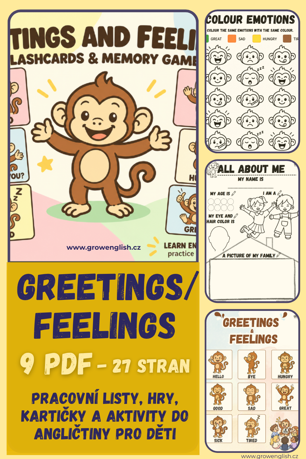 Obsah balíčku Greetings & Feelings pro angličtinu v MŠ a na 1. stupni ZŠ – podložky na plastelínu, třídění pocitů a přiřazování pozdravů.