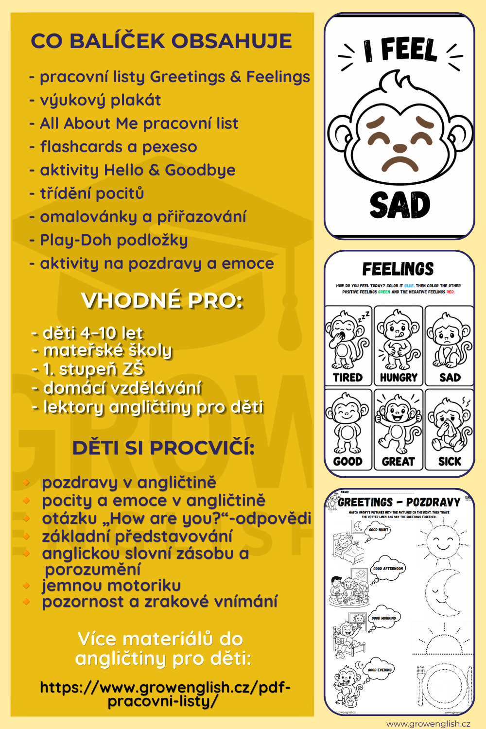 Pozdravy a pocity anglicky pro děti – pracovní listy, kartičky a pexeso s opičkou Growym z balíčku Greetings & Feelings.