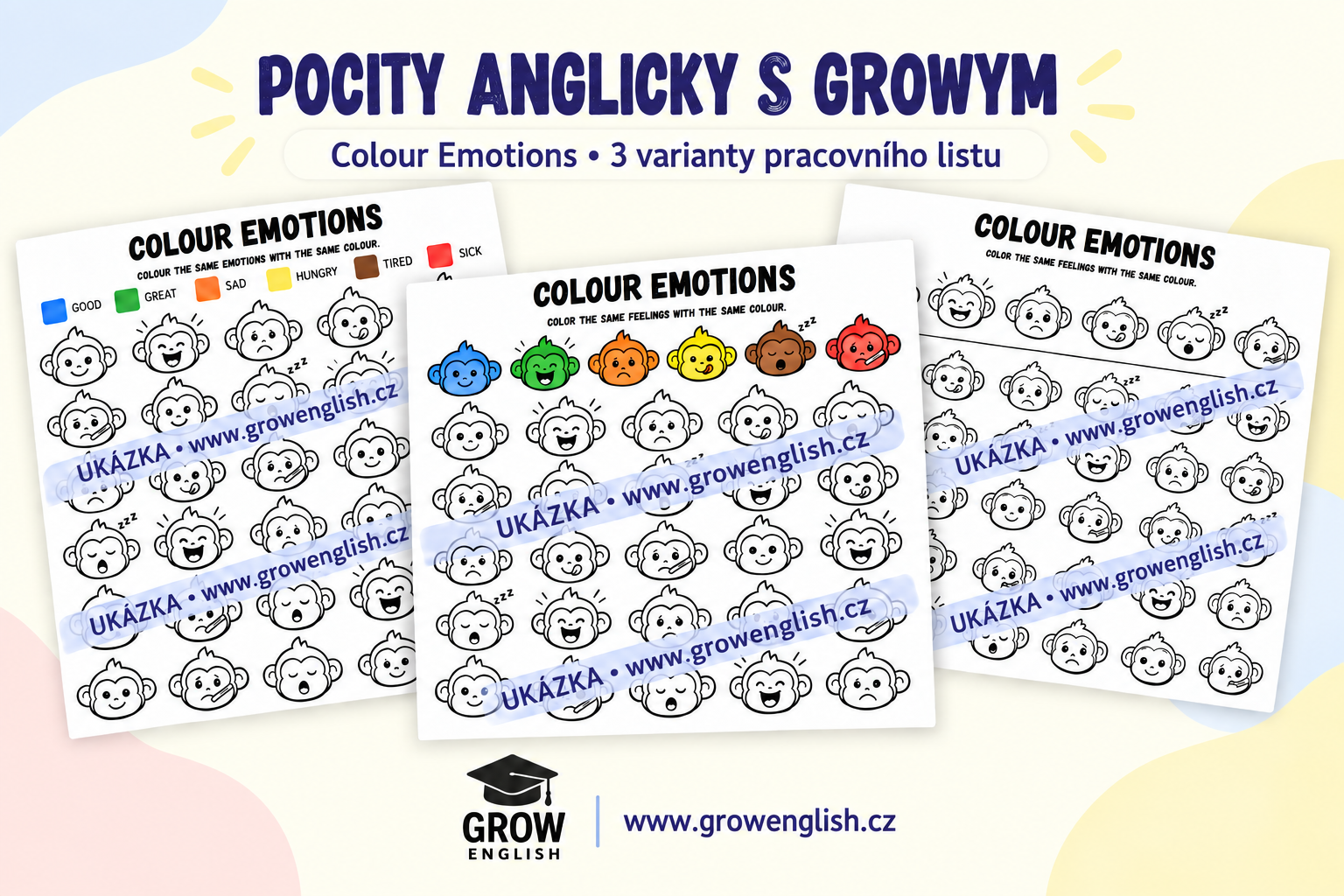 Tři varianty pracovního listu Colour Emotions s obličeji opičky Growyho na procvičování pocitů a barev v angličtině.
