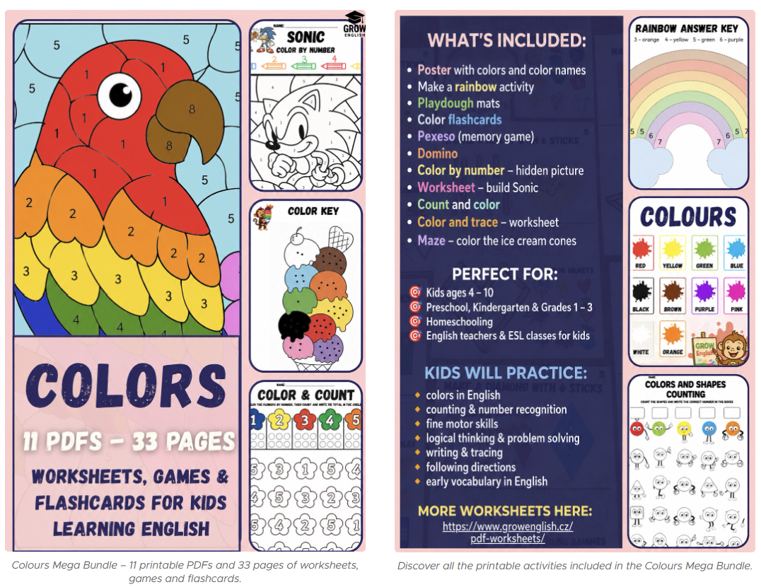 Colours Printable Pack with ESL worksheets, games and flashcards for preschool, kindergarten and young English learners
