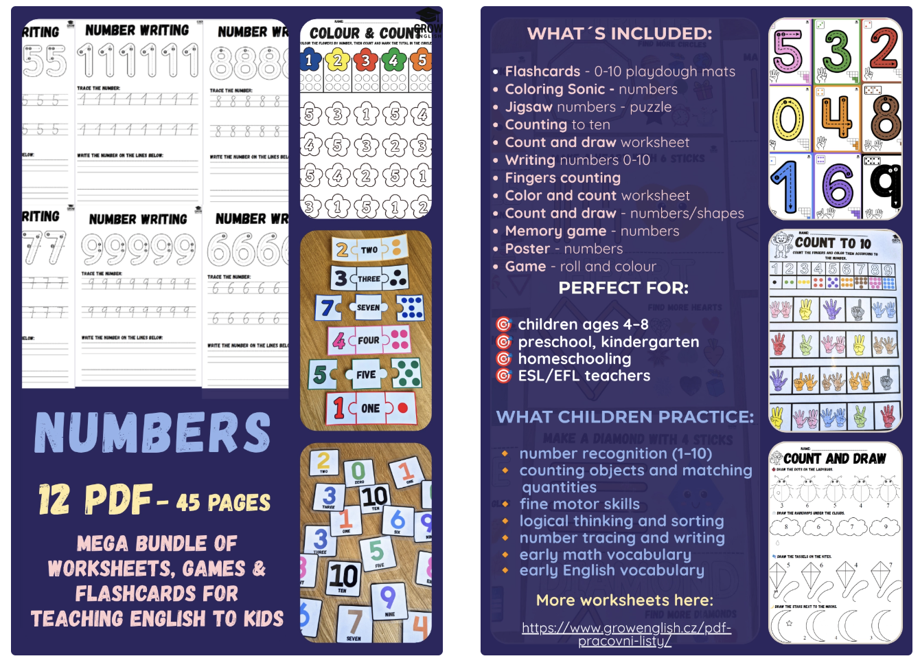 Numbers 0–10 printable pack with tracing worksheets, counting activities, flashcards, puzzles and games for preschool, kindergarten and beginner ESL/EFL learners.