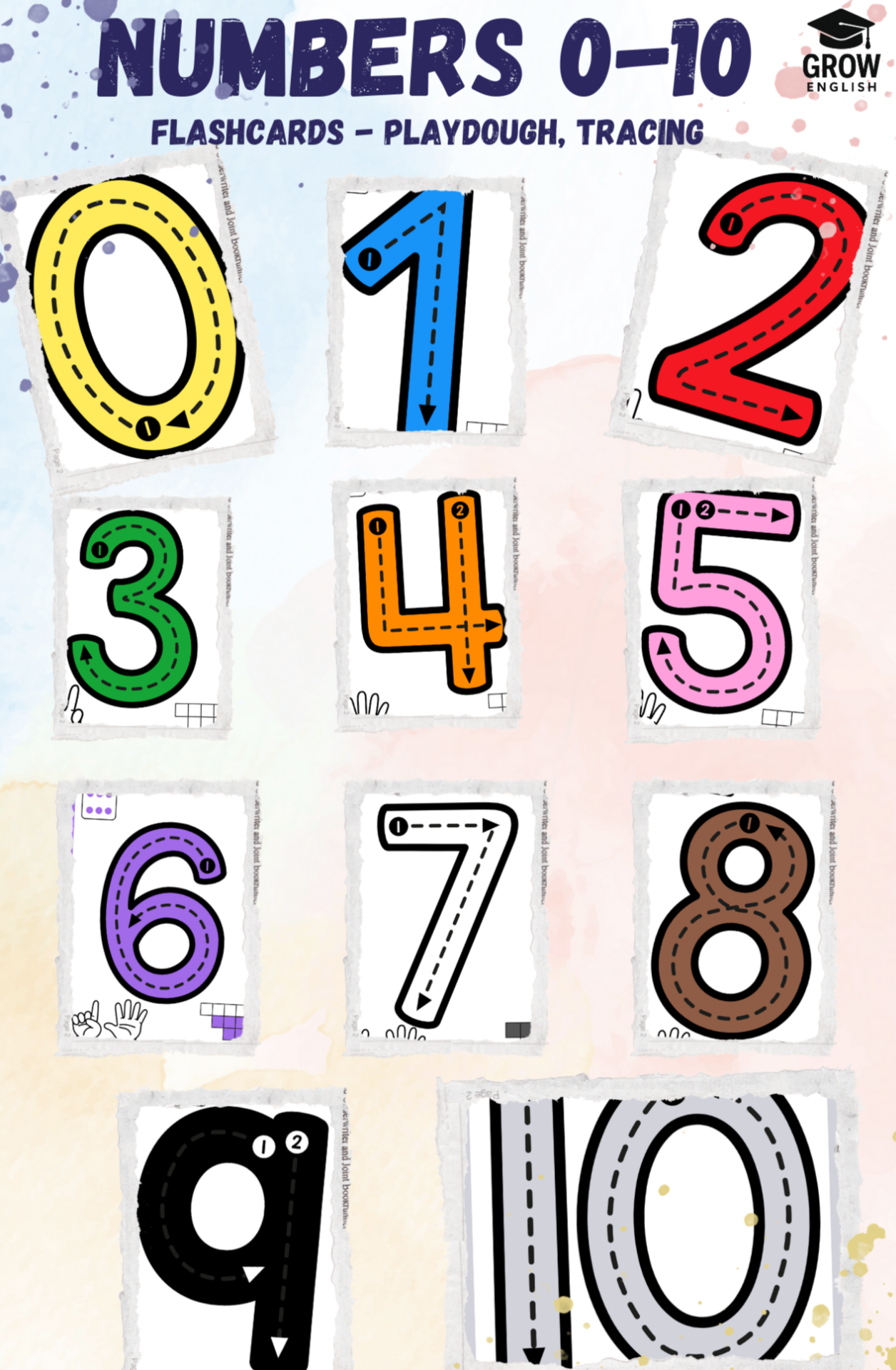 Printable Numbers 0–10 flashcards for kids with tracing paths, Play-Doh activities and hands-on number games for preschool and young English learners.
