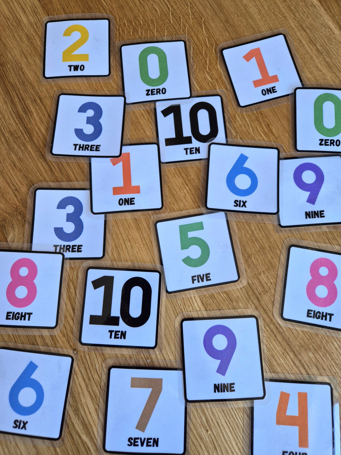 Numbers 0–10 memory game and flashcards for kids with colourful numerals and English number words for preschool and young learners.