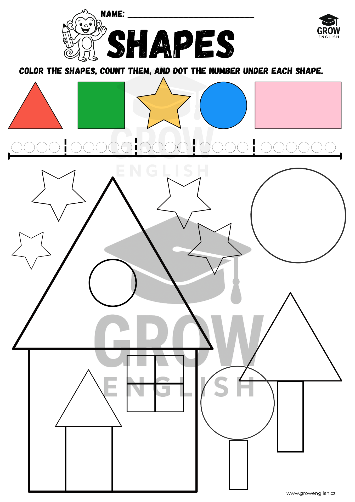 Anglické tvary pro děti – pracovní list Shapes s tvary circle, square, triangle, star a rectangle pro MŠ a 1. stupeň ZŠ.