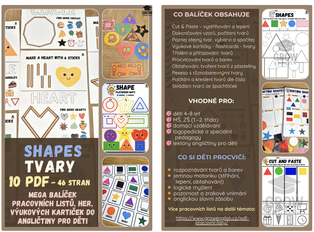 Mega balíček Shapes do angličtiny pro děti – 46 stran hotových pracovních listů, her, flashcards a aktivit na tvary pro MŠ a 1. stupeň ZŠ.