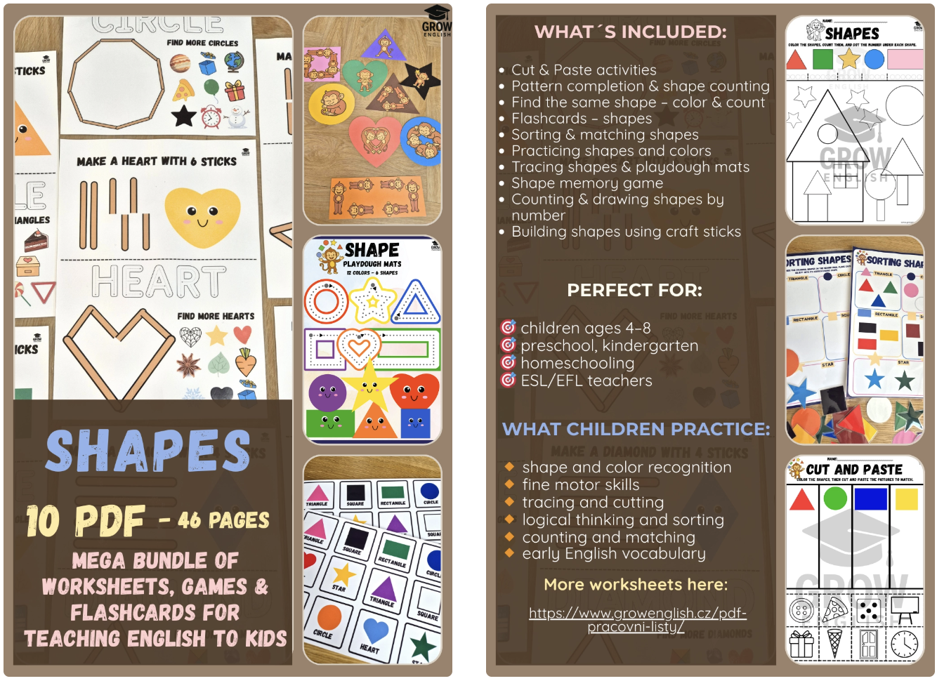 Printable Shapes English Pack for kids with 10 PDFs and 46 pages of worksheets, flashcards, games, Play-Doh mats and shape activities.