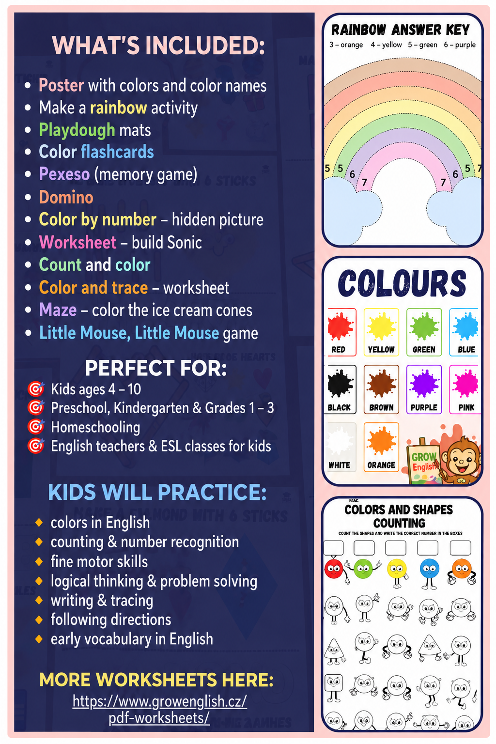 Preview of printable English colour activities, playdough mats, flashcards, dominoes and worksheets for children